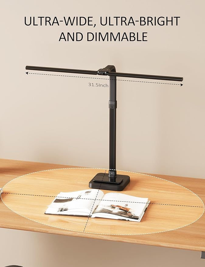LED Desk Lamp for Home Office, Double Head 24W with Base, Architect Light 5 Lighting Brightness Flexible Gooseneck Table Reading Study, Black