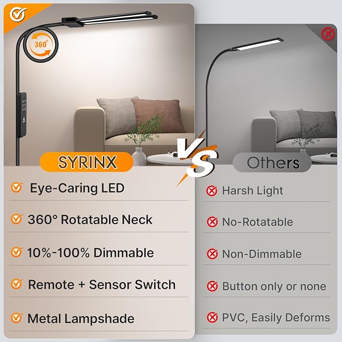 Syrinx LED Floor Lamp, Dual Head Gooseneck Floor Lamps for Living Room with Gesture Switch & Remote Control, 14W Bright Tall Standing Lamp Modern Eye-Caring Reading Floor Lamp for Bedroom Office