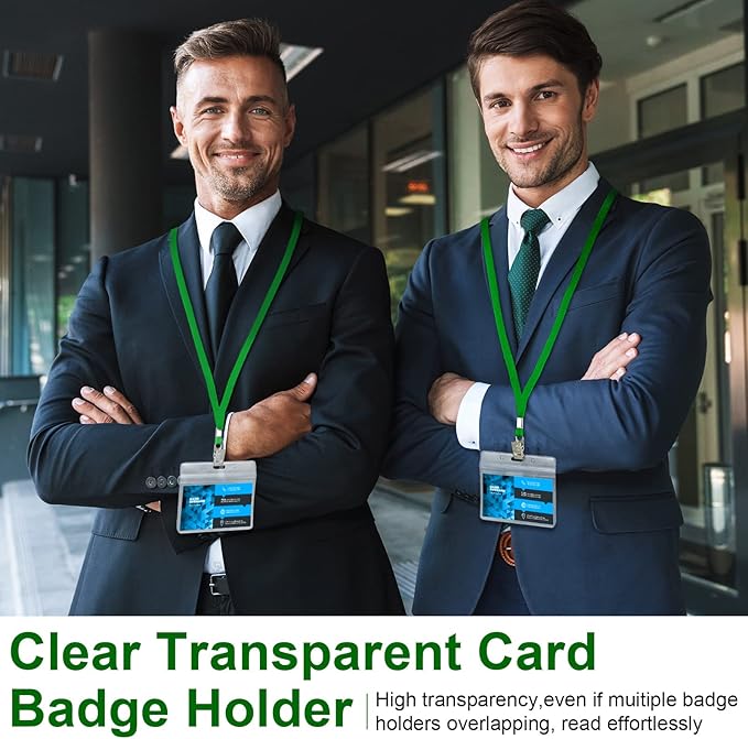 Marspark 50 Sets Clear Name Tags with Lanyard, Lanyards for ID Badges Reusable Strap with ID Holder Plastic Name Badges for Adults Business School Church Conference (Green)