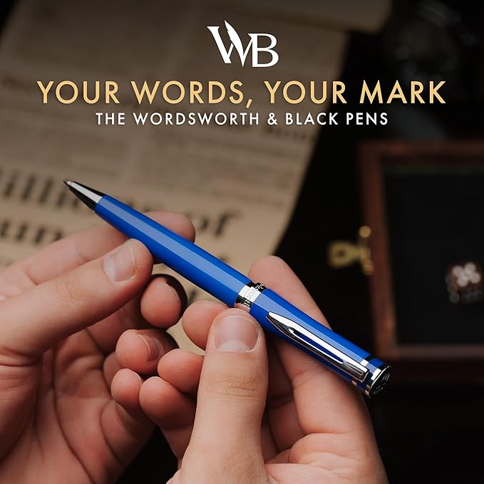 Wordsworth and Black Ballpoint Pen Blue Lacquer- Stunning Luxury Pen Chrome Finish, Ink Refill, Best Gift Set for Men & Women, Refillable, Elegant, Nice Pens, Fine Point