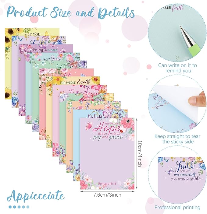 Geyee 24 Pcs Religious Sticky Notes with Bible Verse Pens Fun Notepads for Adults Coworkers Nurse 3 x 4 Inch to Do List Notepads with Sayings Pen for Lab Week Gifts Teacher Office Supplies