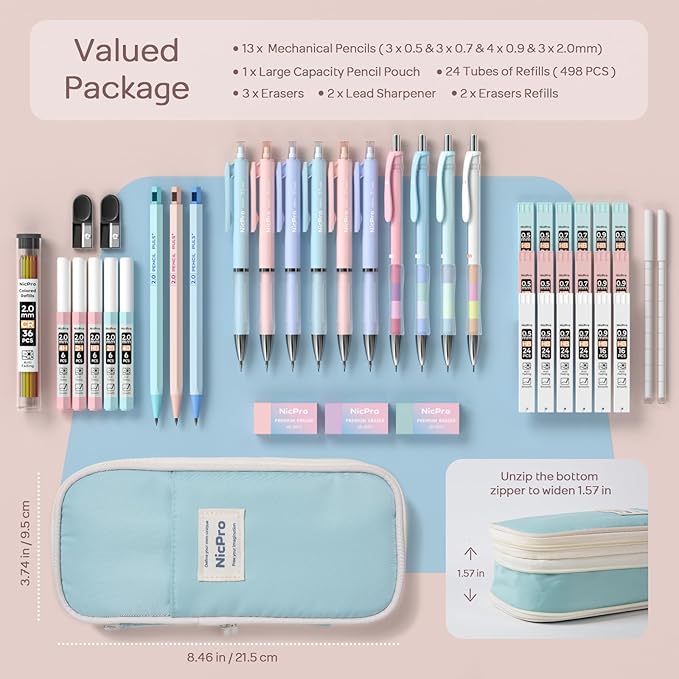 Nicpro 45PCS Aesthetic School Supplies with Pencil Case, Pastel Mechanical Pencils 0.5mm, 0.7mm, 0.9mm & 2.0mm with 498 PCS Refills, Cute Mechanical Pencil Set for Writing, Drawing & Drafting