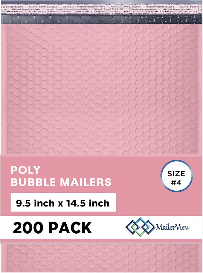Light Pink Large Poly Bubble Mailers 9.5x14.5 inch #4 | Self Seal Padded Envelopes Cushioned Bubble Mailer | Usable Size 9.5x13.5 | WaterProof | Lightweight mailing Shipping Bags | 200 Pack Bulk