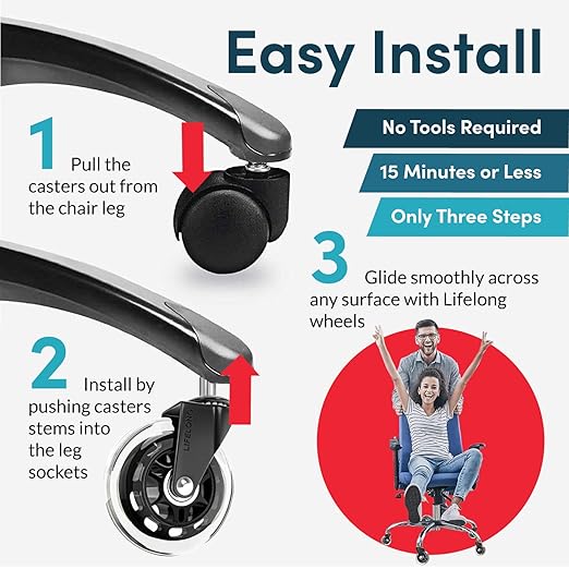 Lifelong Office Chair Wheels Replacement Rubber Chair Casters for Hardwood Floors and Carpet, Set of 5, Heavy Duty Casters for Chairs to Replace Office Chair Mats - Fits 98% (10 Pack)