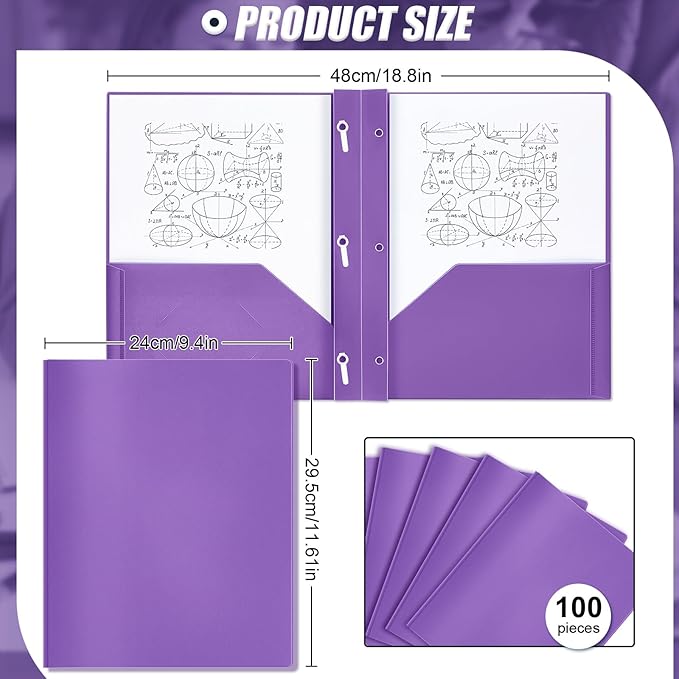 Lincia 100 Pcs Plastic Folders with Pockets and Prong Folders with Prongs Plastic Folders with 2 Pockets Pocket Folders for Office, School for Students, Teachers, Office Workers (Purple)