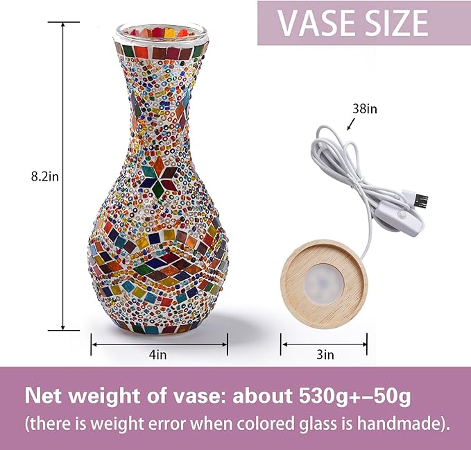 Turkish Moroccan Style Mosaic Table Lamp with USB Power - Colorful Glass Vase Light for Living Room or Bedroom Decor