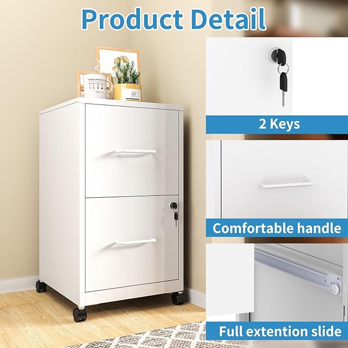 2 Drawer File Cabinet with Lock, Mobile File Cabinets with Wheels, Metal Office Storage Cabinet Under Desk,Vertical Filing Cabinets for Home Office, Required Assembly