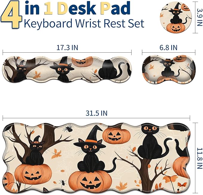 4-Piece XXL Gaming Mouse Pad Set (31.5"x11.8") with Keyboard Wrist Rest,Mouse Wrist Support & Coaster,Ergonomic Non-Slip Desk Mat for Office & Home,Black Cats Pumpkins