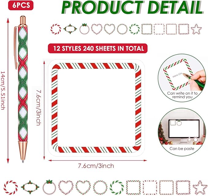 36 Sets Christmas Pen and Notepad Set, Includes 12 Metal Black Ink Pens and 24 Christmas Candy Sticky Notes 3x3 Inch, Perfect Holiday Gifts for Teachers, Students, Office, and Home