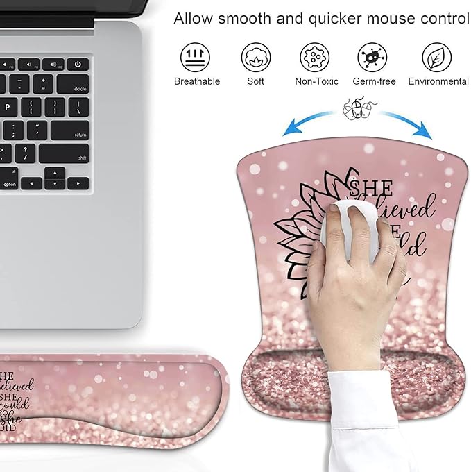 Mouse Pad Wrist Support and Keyboard Wrist Rest Set with Coasters, She Believed She Could So She Did Inspirational Quote Wrist Mouse Pad with Non-Slip PU Base for Home Office Working Studying