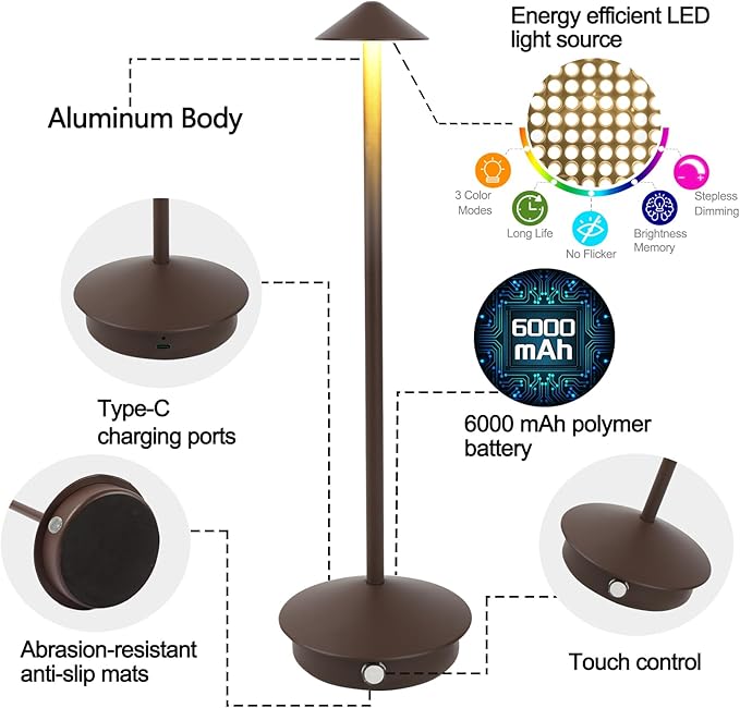Cordless Table Lamp 2 Pack, Portable Led Desk Lamp 6000mAh Battery Operated Table Lamp, Mordern Rechargeable Night Light in Aluminum, Dimmable Table Light for Indoor Outdoor