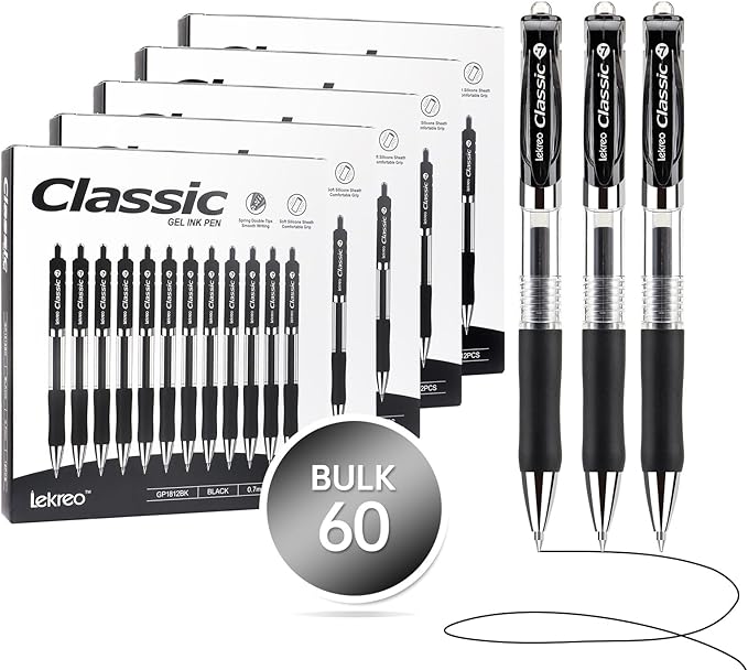 Classic Retractable Gel Roller Pens, 0.7mm Fine Point (Black Ink - 60 Packs)