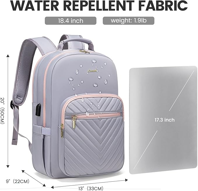 LOVEVOOK Laptop Backpack for Women 18.4 inch,Cute Womens Travel Backpack Purse,Professional Laptop Computer Bag,Waterproof Work Business College Teacher Bags Carry on Backpack with USB Port,Grey Pink