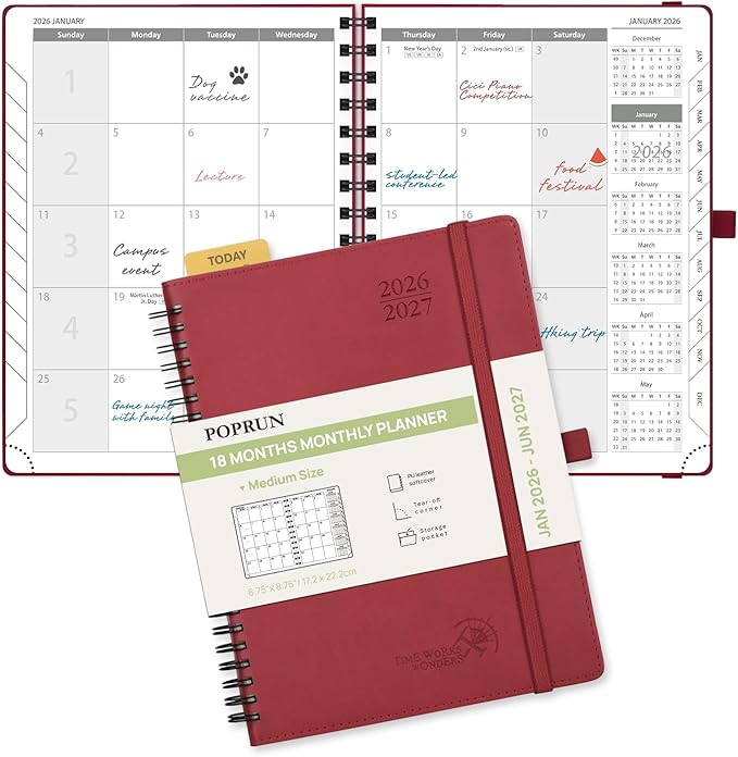 POPRUN Monthly Planner 2026-2027 (Medium 6.5" x 8.5") 18 Months Calendar (Jan 2026 - Jun 2027) - 4 Pages per Month with Expense & Notes, Stair-like tabs, Leather Cover, Sunday Starts - Burgundy