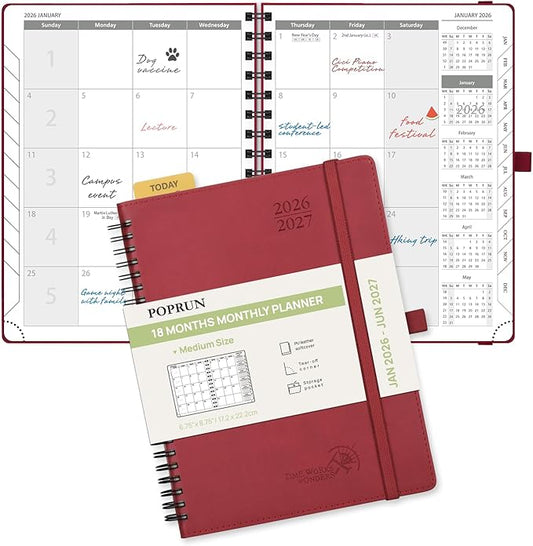 POPRUN Monthly Planner 2026-2027 (Medium 6.5" x 8.5") 18 Months Calendar (Jan 2026 - Jun 2027) - 4 Pages per Month with Expense & Notes, Stair-like tabs, Leather Cover, Sunday Starts - Burgundy