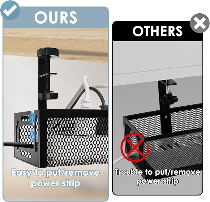 Cable Management, 25'' Cable Management Under Desk No Drill, Metal Cord Organizer with Clamp for Standing Desk, Cable Organizer for Home Office, Black