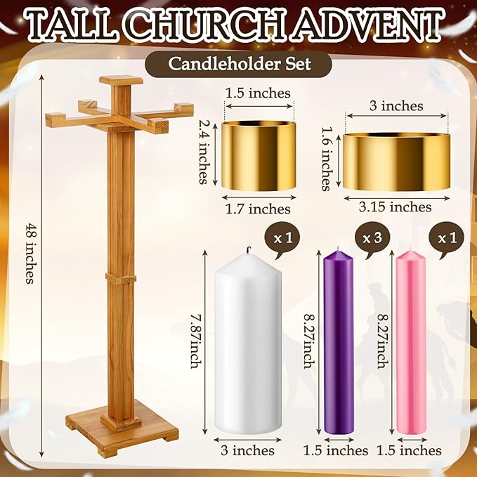 Mumufy 48 Inch Tall Advent Church Stand Candleholder Set of 5 Purple Pink White Candles Wood Nativity Candle Stand with Metal Arch Christmas Candlestick Holder for Christmas Church Holy(Natural Wood)