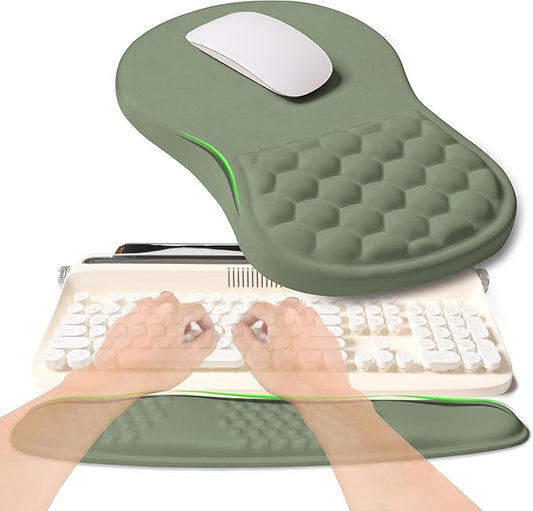 2-in-1 Ergonomic Set, Wave Rise Keyboard Wrist Rest and Massage Bulge Slope Mouse Pad Wrist Support, Cushion Memory Foam Integrated to Relieve Wrist Pain, Olive Green