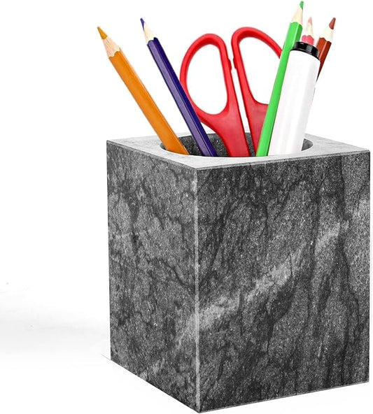 Marble Pencil Pen Holder for Desk, Multi-Functional Pen Cup Pencil Holder for Office School Supplies Storage, Makeup Brush Holder for Home and Office (Cuboid-Black)