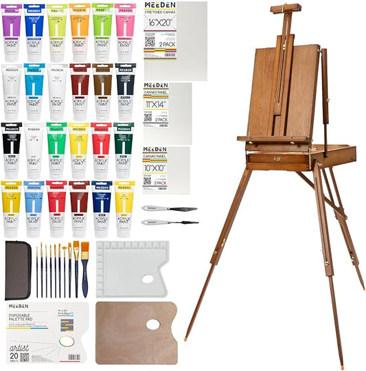 MEEDEN Painting Kit with French Easel, 24 Colors Acrylic Paint Set, 10 Pcs Paint Brush Set, Canvas Set & Art Supplies, Great Painting Set for Beginners & Artists