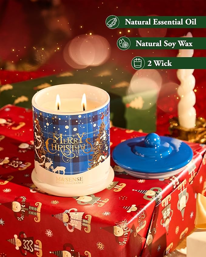 M&SENSE Christmas Candles Winter Snowflake Scented, Soy Wax 12.7oz 75 Hours Non Toxic Clean Burn, Double Wick Holiday Relaxing Aromatherapy Candle for Home, Luxury Candle Gifts for Women