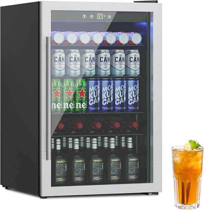 Compact Freestanding Beverage Refrigerator,145 Can/4.5 Cubic Feet Mini Fridge with Reversible Glass Front Door for Soda, Beer or Wine, Under Counter Drink Dispenser with Adjustable Shelves