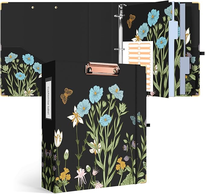 Ospelelf Binder 3 Ring 2 Inch, Floral Round Ring Clipboard Binder with 5 Tab Dividers for Letter Size Documents, File Folder Labels, for School and Office Supplies