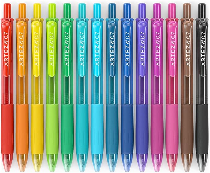 ARTEZA Gel Pens Colored Set of 14, Retractable Pens Assorted Colors for Writing in a Notebook, Journal, Planner