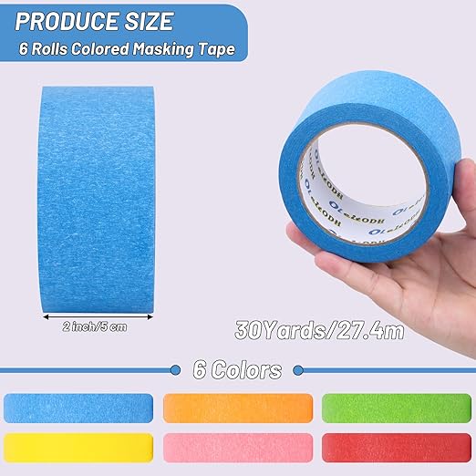 6 Rolls Colored Masking Tape-2 inch x 180 Yards Painters Tape, Rainbow Colors Rolls Bulk Kids Colorful Paper Marking Tape Decorative Arts Crafts Labeling DIY School Classroom Supplies