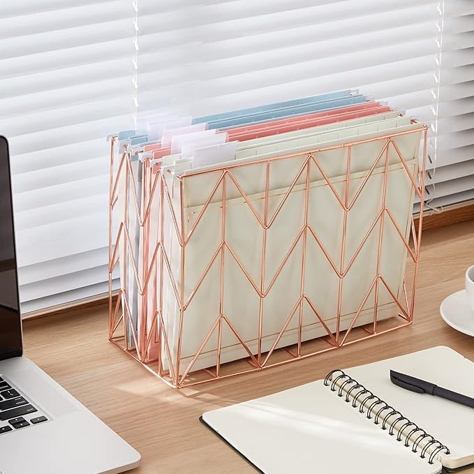 Y YOMA 6 Pack Rose Gold Hanging File Folders with Pocket Letter Size Decorative File Folder Cute Pretty Hanging Folder for Office Home School with 1/5-Cut Adjustable Tabs, Outer Storage Pockets