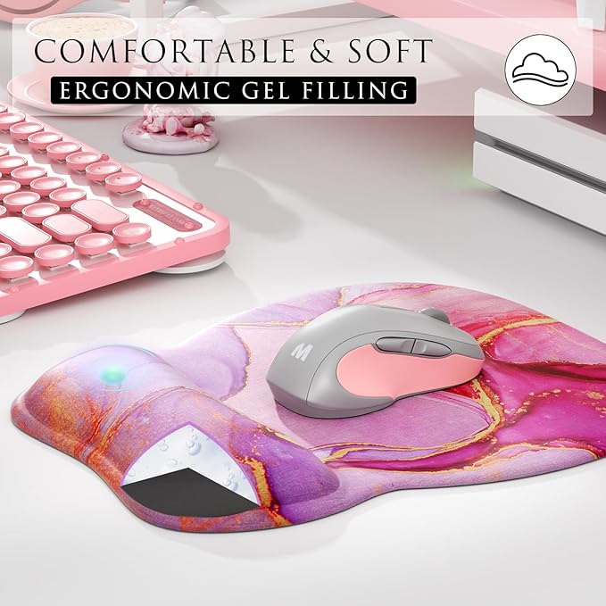 MROCO Ergonomic Mouse Pad with Gel Wrist Rest, Comfortable Mousepad with Smooth Wrist Support Surface and Non-Slip PU Base for Pain Relief, Computer, Laptop, Office & Home, 9.4 x 8.1 in, Pink Marble