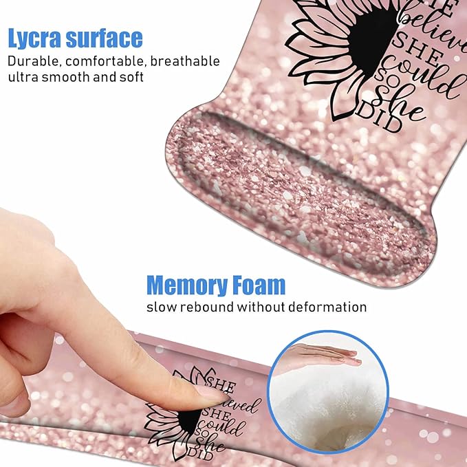 Mouse Pad Wrist Support and Keyboard Wrist Rest Set with Coasters, She Believed She Could So She Did Inspirational Quote Wrist Mouse Pad with Non-Slip PU Base for Home Office Working Studying
