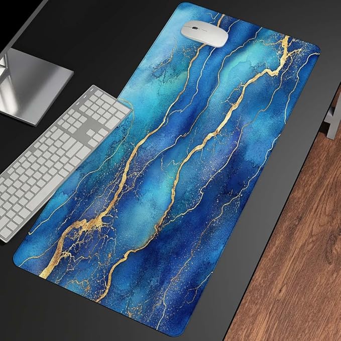 Mrcrypos Large Mouse Pad Blue Gold Marble Desk Mat for Desktop, Waterproof Desk Pad with Stitched Edges, Computer Keyboard Gaming Mouse Pads for Women Office Home 31.5" x 15.7"