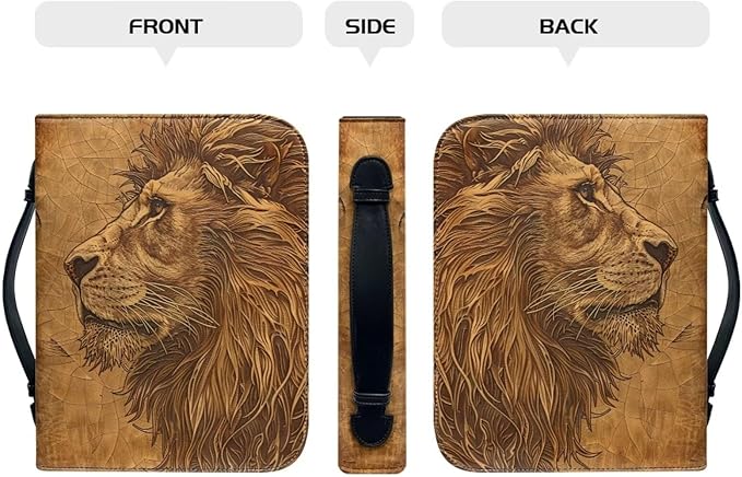 Lotusorchid Lion Print Bible Bag for Men, PU Leather Bible Cover Sturdy Bible Book Carrying Bags Christian Bible Study Accessories for Bible Study, Brown, M