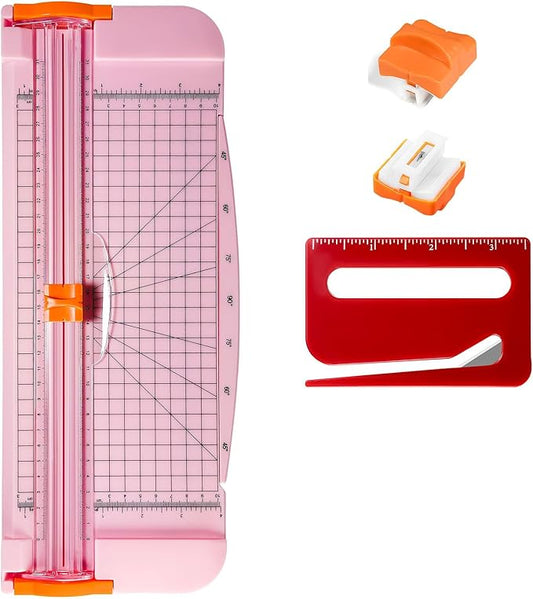 12-Inch A4 Paper Cutter 3-Piece Set with Automatic Safety Guard, Precision Side Ruler, Non-Slip Base – Ideal for Craft Paper Gift Cards Coupons Labels Photos – Durable Pink Trimmer for Home & Office