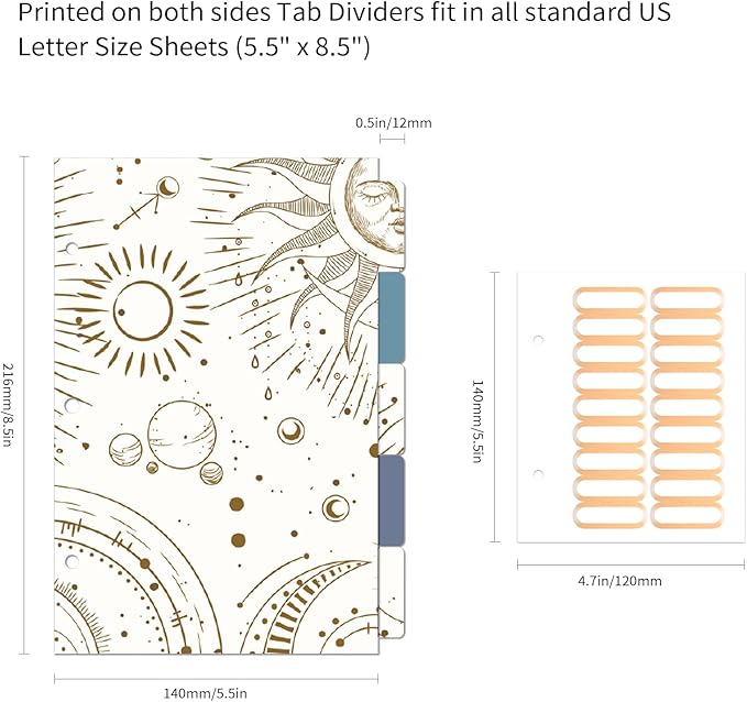 Ospelelf Mini 3 Ring Binder 2 Inch for 5.5" x 8.5" With 5 Tab Dividers, File Folder Labels and Low Profile Clipboards - Cute Tarot Cards Binder for School and Office Supplies