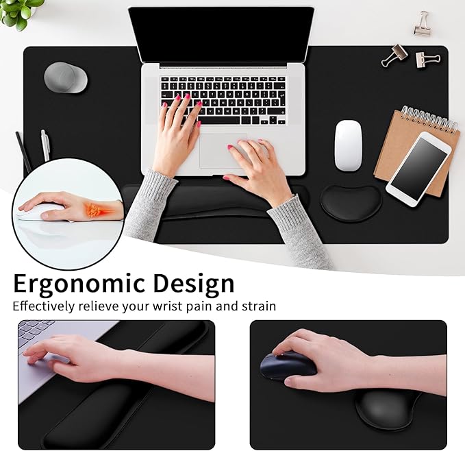 Mouse Pad with Wrist Rest Support, Keyboard Wrist Rest and Mouse Pad Set, Desk Mat for Keyboard and Mouses, Non-Slip Computer Mat Set for Office, Home (31.5×15.7 Inches, Black)