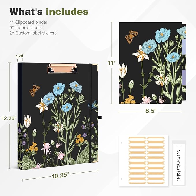 Ospelelf 3 Ring Binder 1/2 Inch, Floral Round Ring Clipboard Thin Binder with 5 Tab Dividers for Letter Size Documents, for School and Office Supplies, Moonlit Blossoms