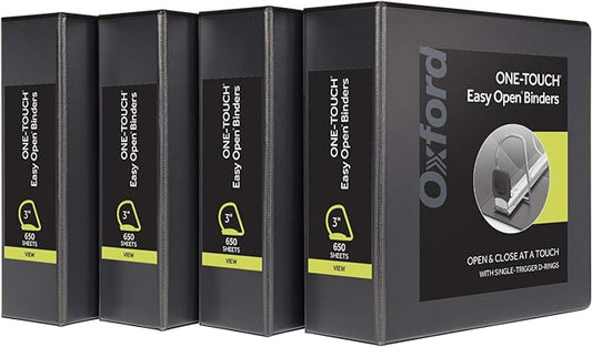 Oxford 3 Ring Binders, Binders for School and Office, 3 Inch ONE-Touch Easy Open D Rings, 3-Sided View Binder Covers, Xtralife Hinge, Non-Stick, PVC-Free, Black, 650-Sheet Capacity, 4 Pack (79914)