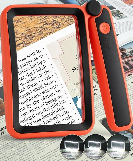 Magnifying Glass for Reading, Rechargeable 5X Large Page Magnifier with Light, Folding Handheld Dimmable Rectangle Lighted Magnifier for Reading Book Small Print for Seniors Low Vision, Orange-Black