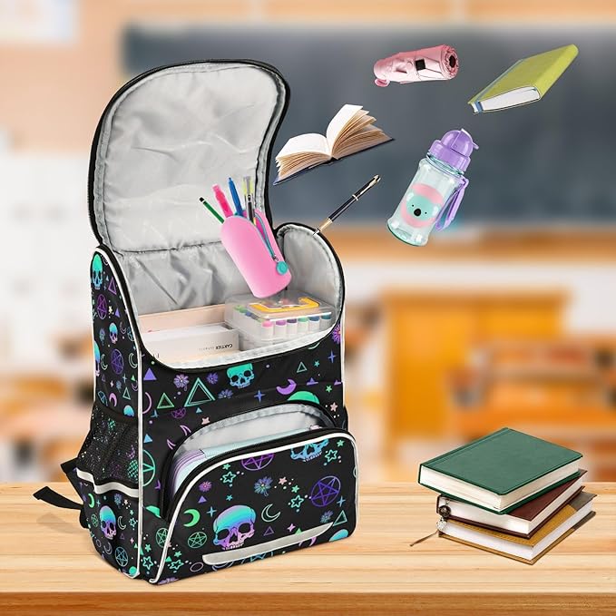 Magic Skull Backpack with Reflective Strip for Kids Boys Girls Elementary School Bag Removable Chest Strap