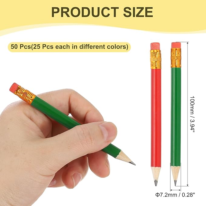 MECCANIXITY Golf Pencils with Erasers, 4" HB Mini Half Pencils Pre Sharpened Small Pens for Wedding Bridal Shower Game Office Writing Drawing(Green/Red, Pack of 50)