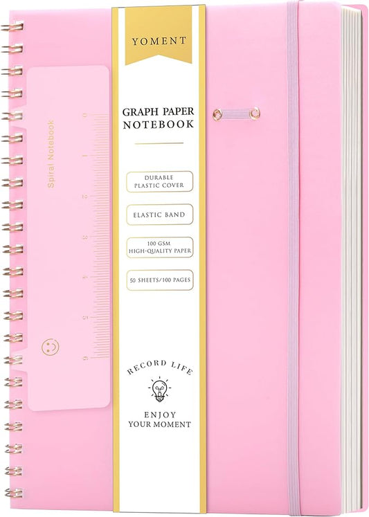 Yoment Graph Paper Notebook Spiral Notebook 8.5 x 11 A4 Large Grid Paper Notebooks, 100 GSM Thick Graph Paper, Plastic Cover Graphing Notebook for Work School Engineering, A4 Pink