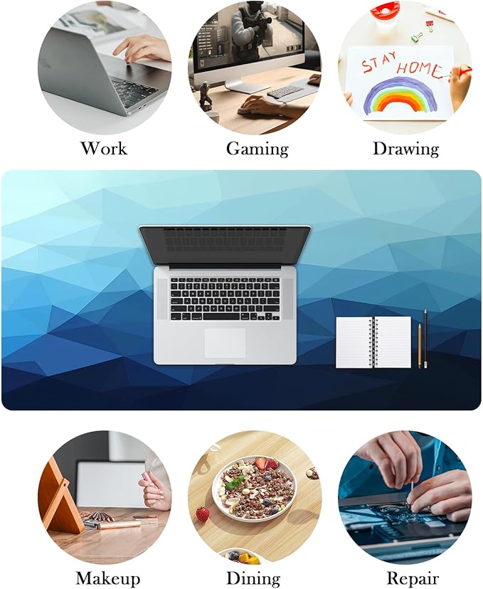 Mrcrypos Blue Large Mouse Pad Geometric Desk Mat for Desktop, Waterproof Desk Pad with Stitched Edges, Computer Keyboard Gaming Mouse Pads for Women Office Home 31.5" x 15.7"