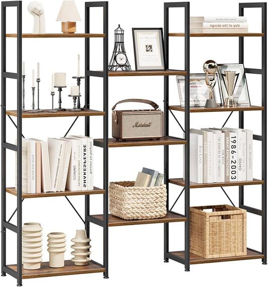 NUMENN Triple Column 4 Tier Bookshelf, Bookcase with 11 Open Display Shelves, Adjustable Rustic Industrial Style Book Shelves, Modern Bookshelves for Bedroom, Living Room and Home Office, Vintage