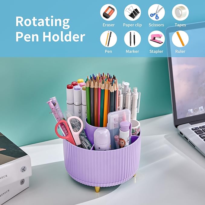 Marbrasse Desk Organizer, 360-Degree Rotating Pen Holder for Desk, Desk Organizers and Accessories with 5 Compartments Pencil Organizer, Art Supply Storage Box Caddy for Office, Home（Purple）