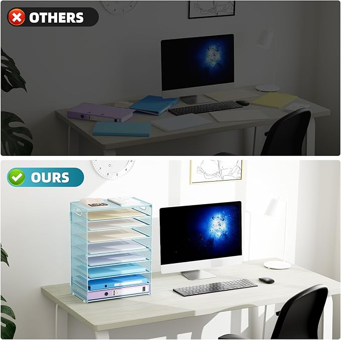 Marbrasse Paper Organizer Letter Tray, 9 Tier Mesh File Organizer with Handle, Paper Sorter Desk Organizer for Home Office Supplies - Blue