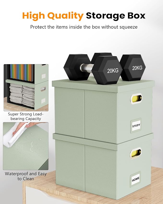 Oterri 2 Pack File Storage Organizer Box,Filing Box,Portable File Box with Lid,Fit for Letter/Legal File Folder Storage, Grey-green(Leather)-Box only