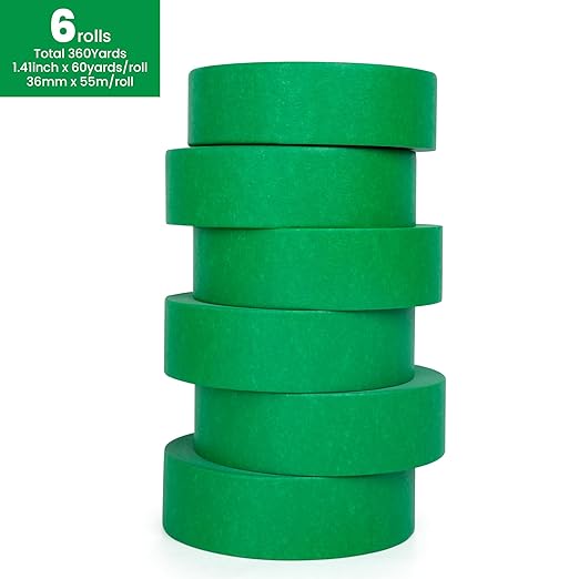 TAPEBEAR Green Painters Tape Multi-Surface Masking Tape 1.41 inch x 60 Yard, Indoor and Outdoor Painting Tape, Residue Free Easy Removal with Sharp Lines, Paint Tape for Walls, Auto, Home, 6Rolls