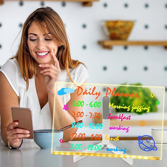 LED Note Board with Colors, 12"x 8" Glowing Acrylic Dry Erase Board with Light, Led Drawing Board with Stand LED Message Writing Board with 7 Markers for Holiday Party Christmas Gift